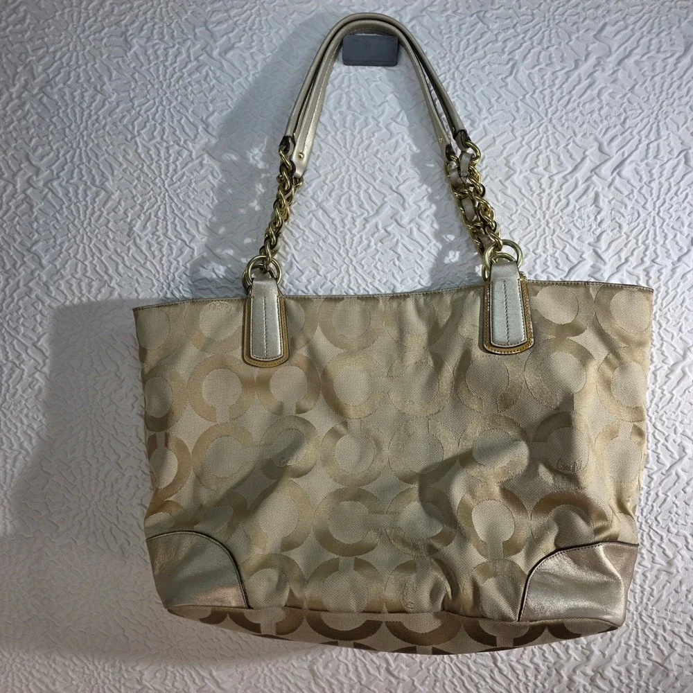 Coach Colette Large Signature Tote Champagne Gold Metallic Leather Bag 16491 - Picture 7 of 12